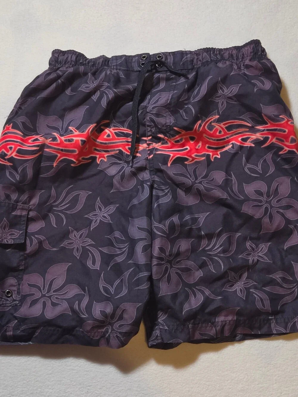 XL Men's Black Purple Floral Swim Trunks with Red Stripe Elastic Waist Cargo